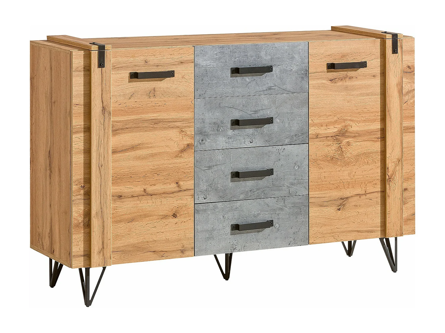 Commode Domdele 104, Béton|Chêne wotan, Avec tiroirs et portes, Nombre de tiroirs: 4,