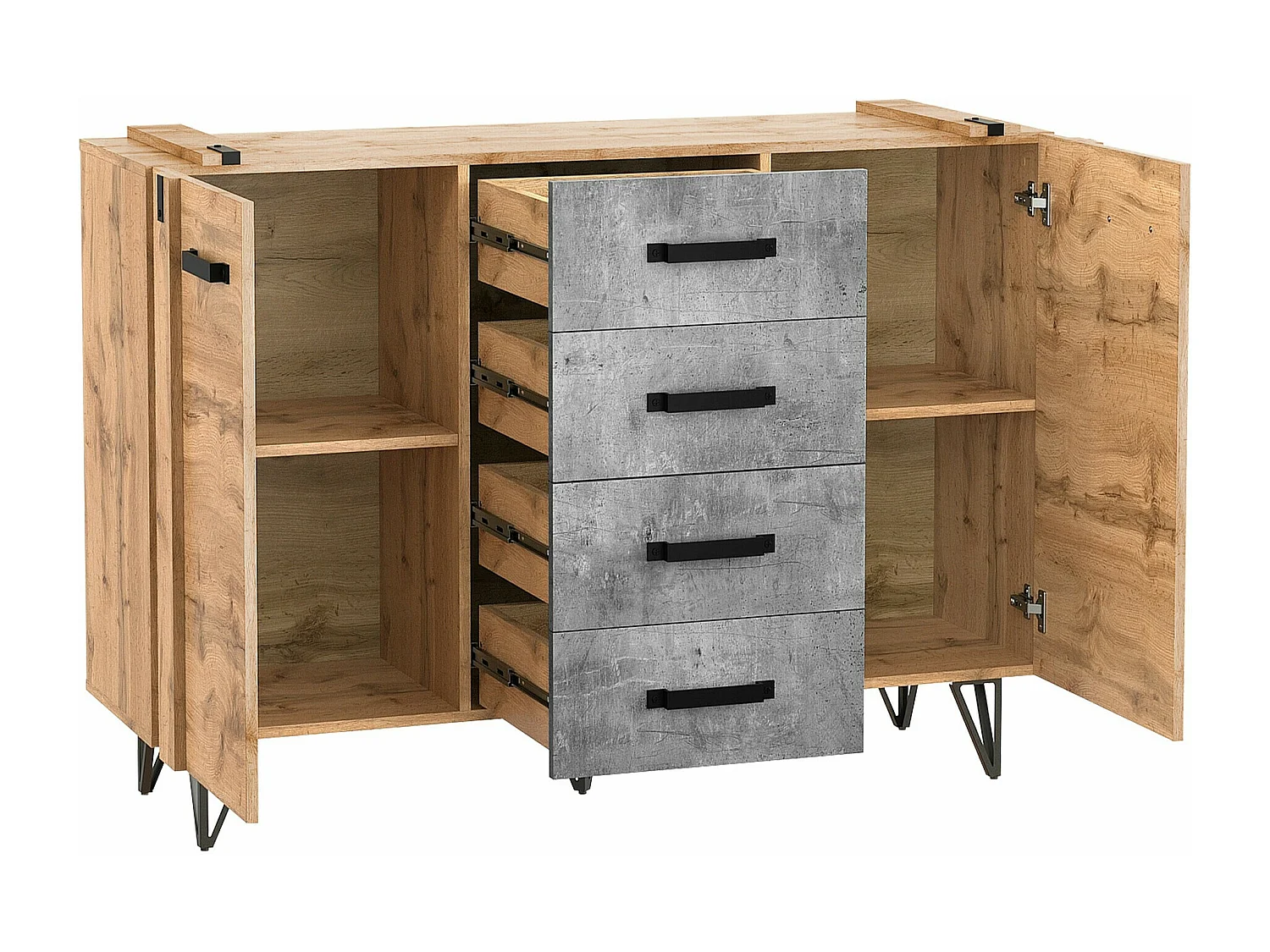 Commode Domdele 104, Béton|Chêne wotan, Avec tiroirs et portes, Nombre de tiroirs: 4,