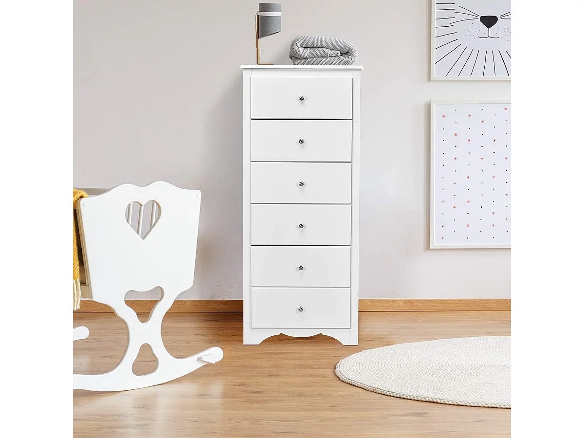 Commode 6 Tiroirs, Commode Chambre Adulte, Meuble de Rangement en Bois, 5 Poignées en Métal, Design Incurvée, Commode Blanche pour Chambre, Salon, 59 x 40 x 135 cm