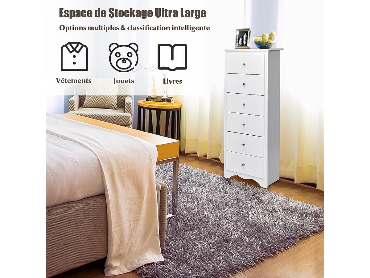 Commode 6 Tiroirs, Commode Chambre Adulte, Meuble de Rangement en Bois, 5 Poignées en Métal, Design Incurvée, Commode Blanche pour Chambre, Salon, 59 x 40 x 135 cm