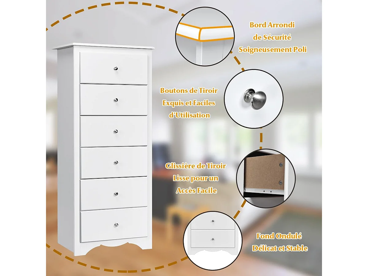 Commode 6 Tiroirs, Commode Chambre Adulte, Meuble de Rangement en Bois, 5 Poignées en Métal, Design Incurvée, Commode Blanche pour Chambre, Salon, 59 x 40 x 135 cm