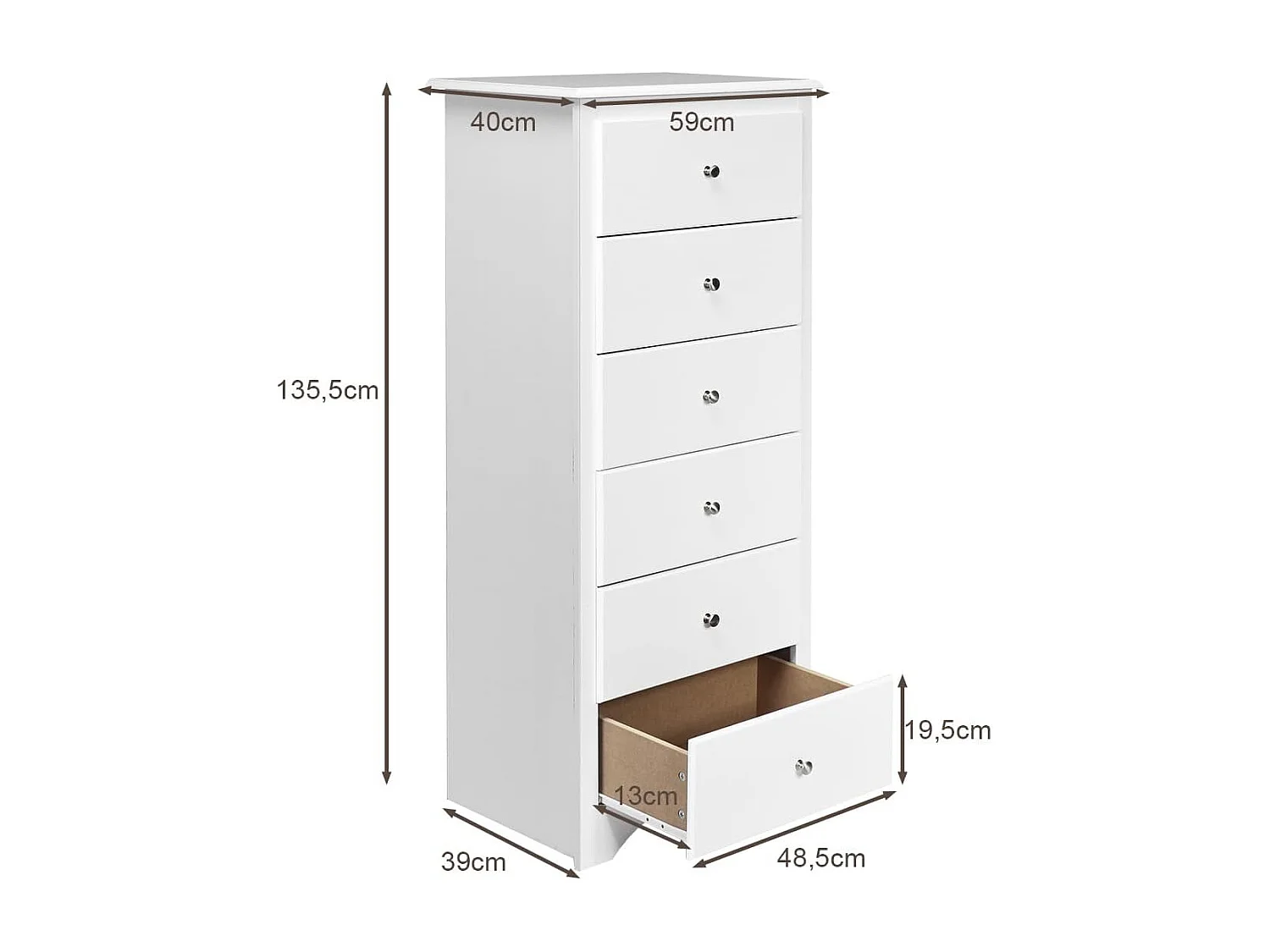 Commode 6 Tiroirs, Commode Chambre Adulte, Meuble de Rangement en Bois, 5 Poignées en Métal, Design Incurvée, Commode Blanche pour Chambre, Salon, 59 x 40 x 135 cm