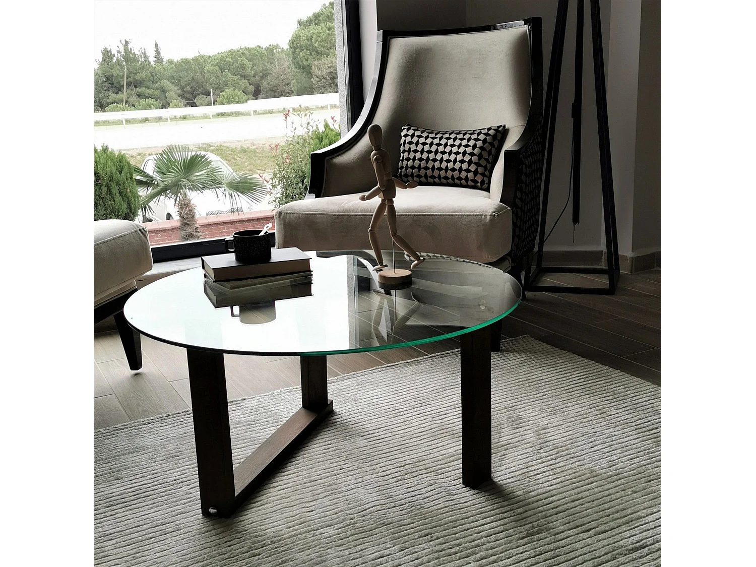 Mesa de café Kailua 1146, Nogal, 41cm, Diámetro: 80, Vidrio templado, Redonda