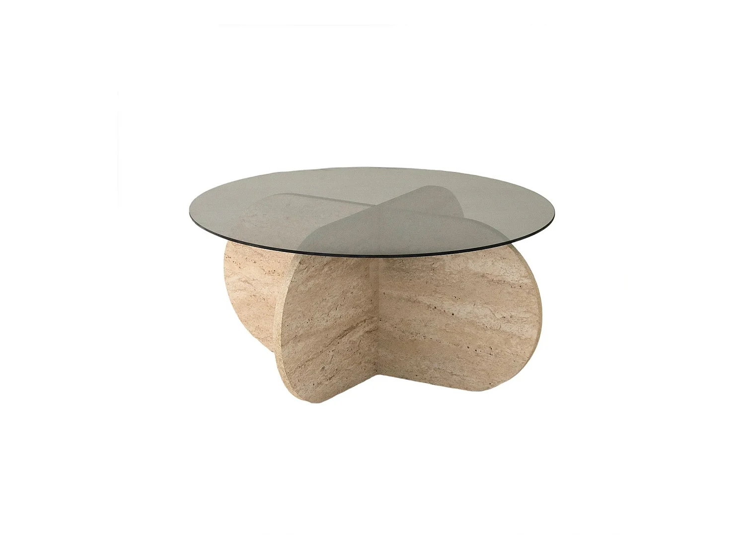 Table basse ronde design Helvya D75cm Verre fumé Gris et Effet travertin Beige