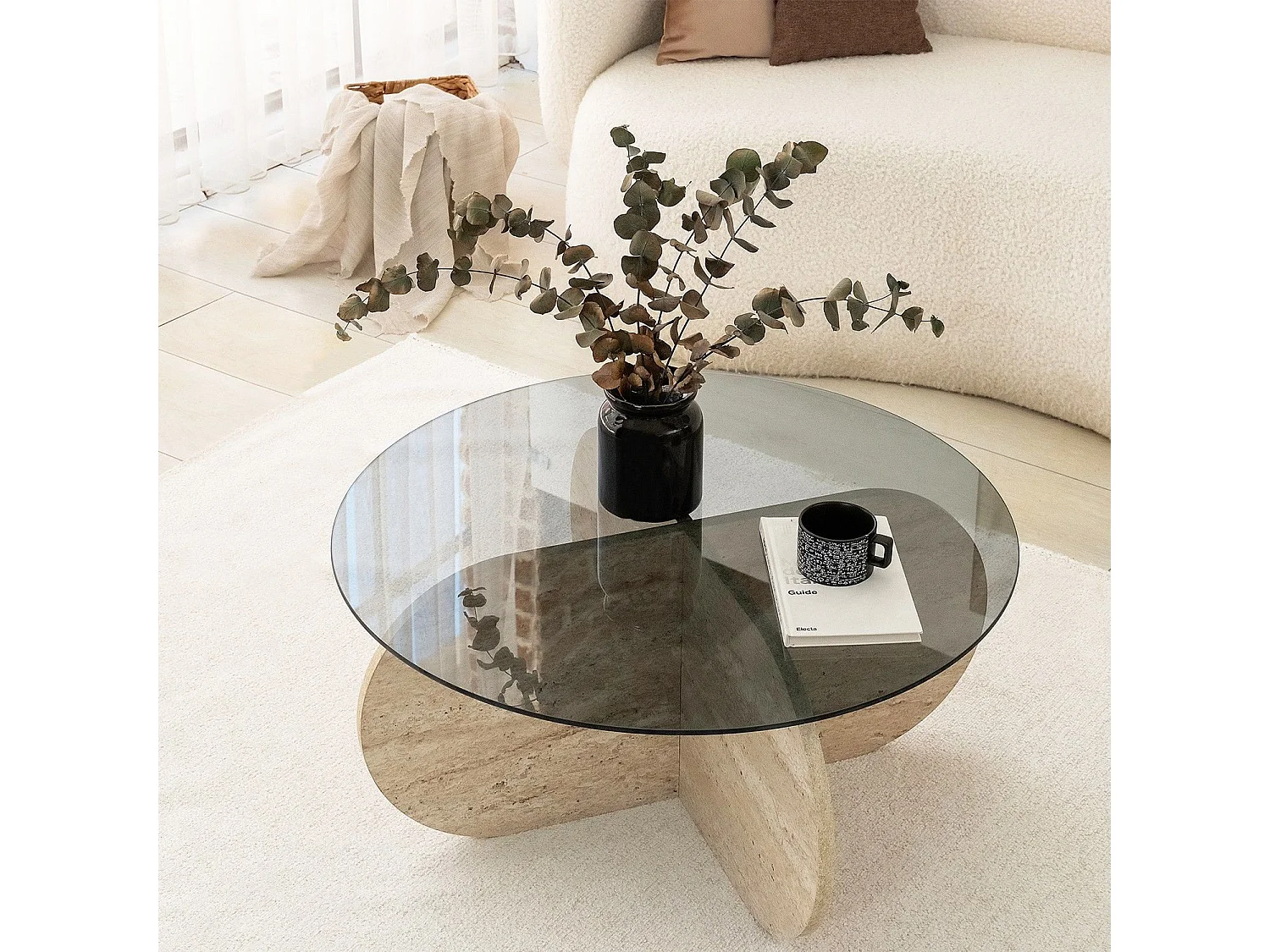 Table basse ronde design Helvya D75cm Verre fumé Gris et Effet travertin Beige