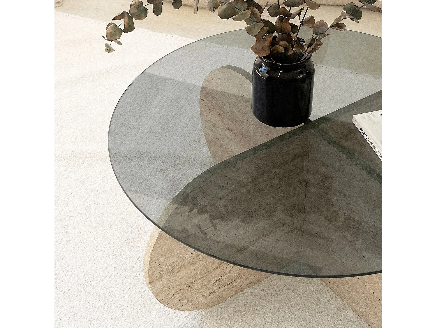 Table basse ronde design Helvya D75cm Verre fumé Gris et Effet travertin Beige