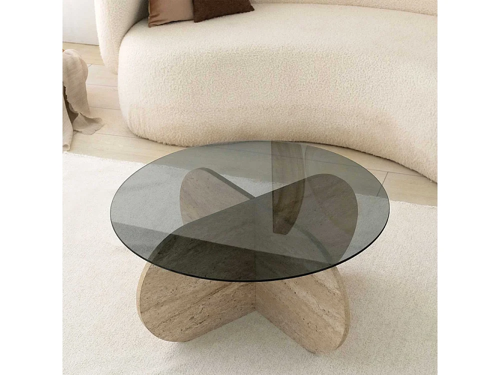 Table basse ronde design Helvya D75cm Verre fumé Gris et Effet travertin Beige