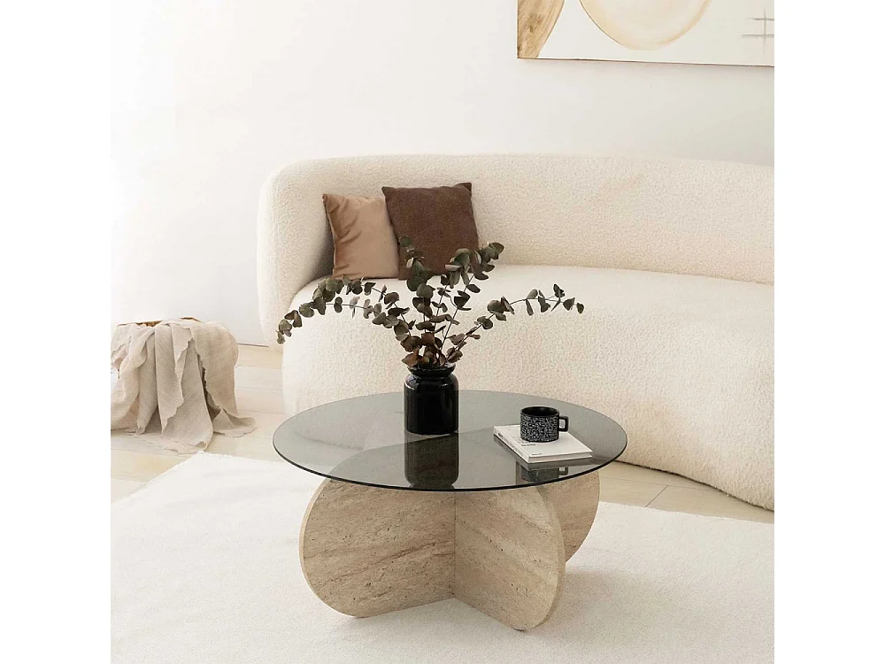 Table basse ronde design Helvya D75cm Verre fumé Gris et Effet travertin Beige