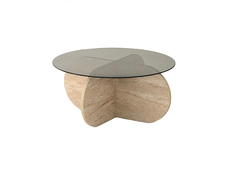 Table basse ronde design Helvya D75cm Verre fumé Gris et Effet travertin Beige