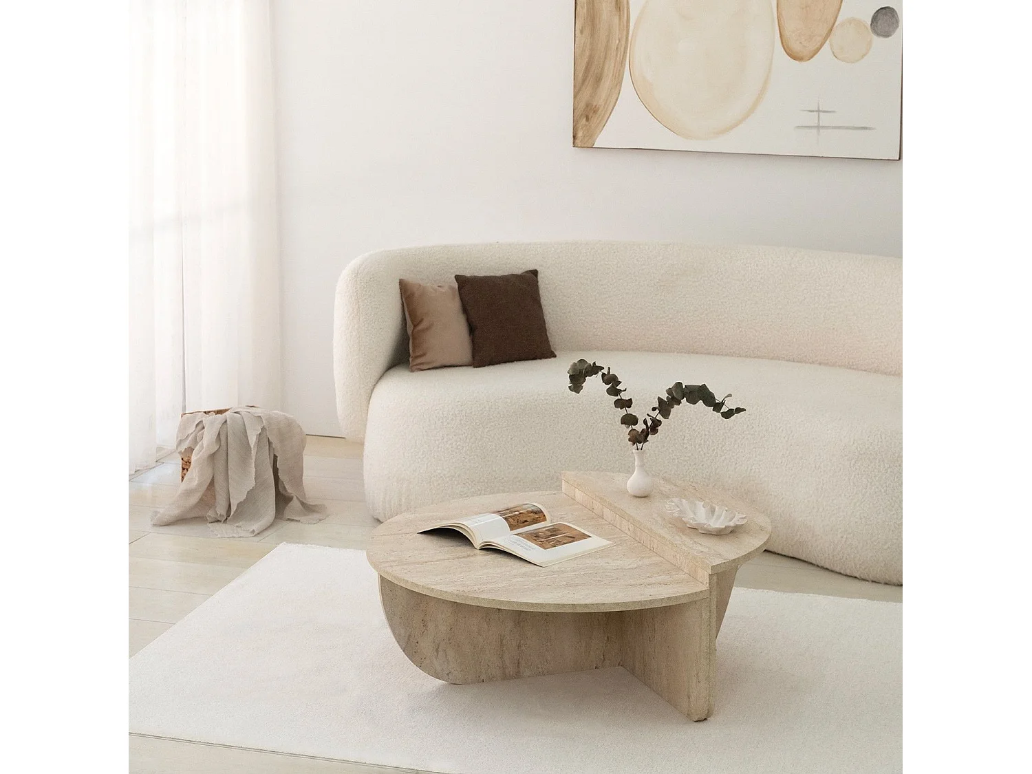 Table basse design Yellin D90cm Effet travertin Beige