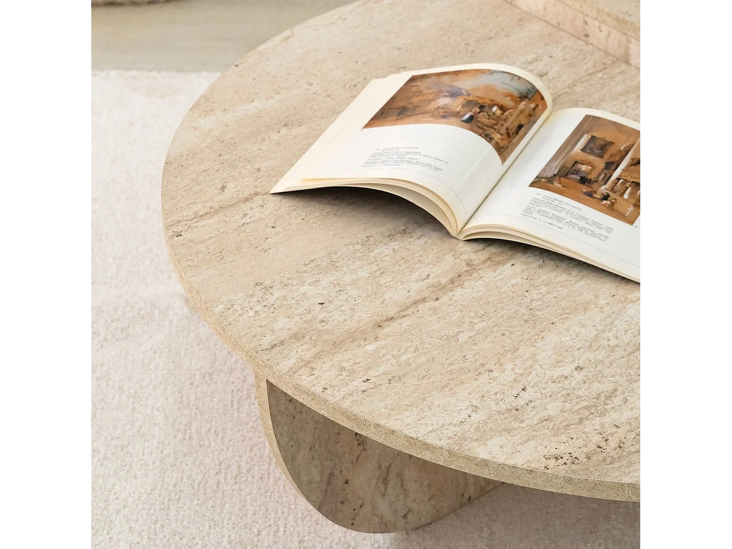 Table basse design Yellin D90cm Effet travertin Beige