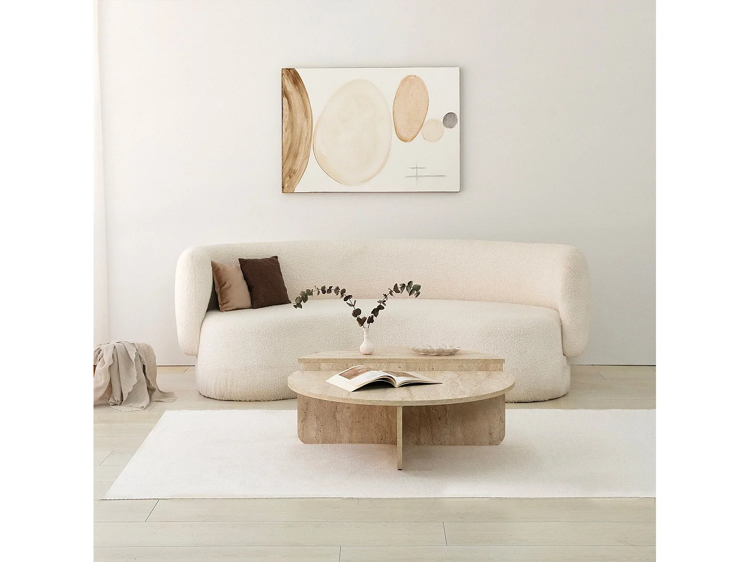 Table basse design Yellin D90cm Effet travertin Beige