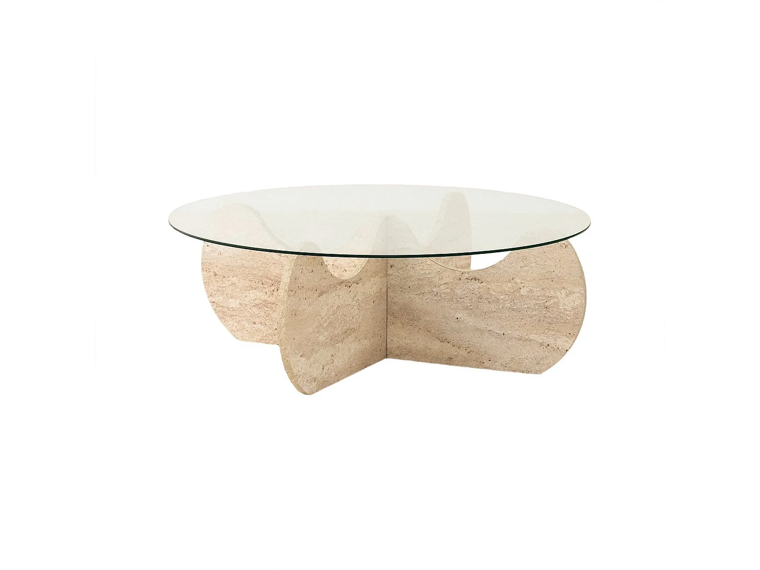 Table basse ronde design Vogue D90cm Verre Transparent et Effet travertin Beige