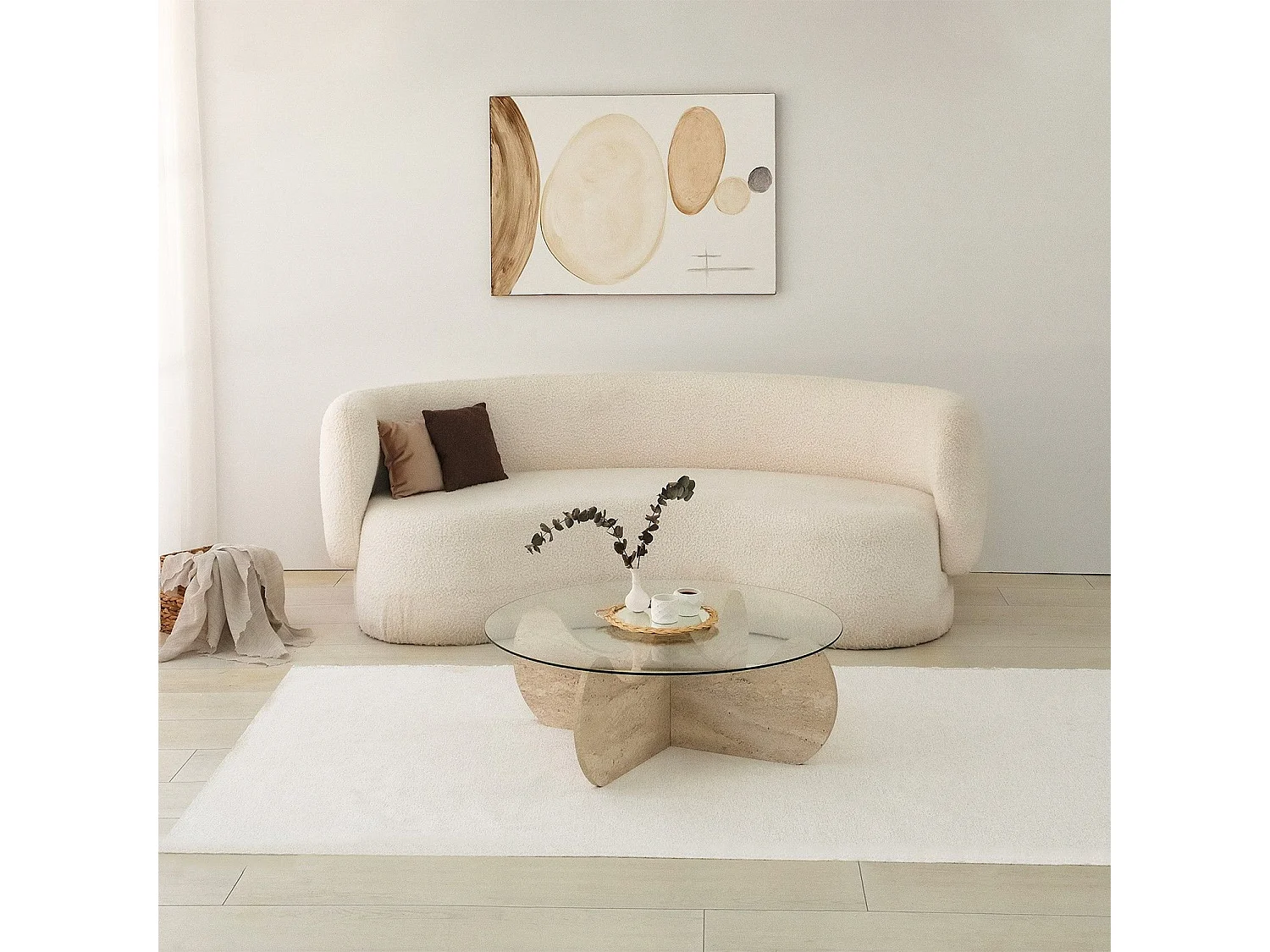 Table basse ronde design Vogue D90cm Verre Transparent et Effet travertin Beige