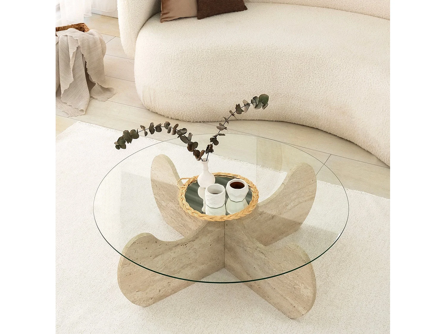Table basse ronde design Vogue D90cm Verre Transparent et Effet travertin Beige