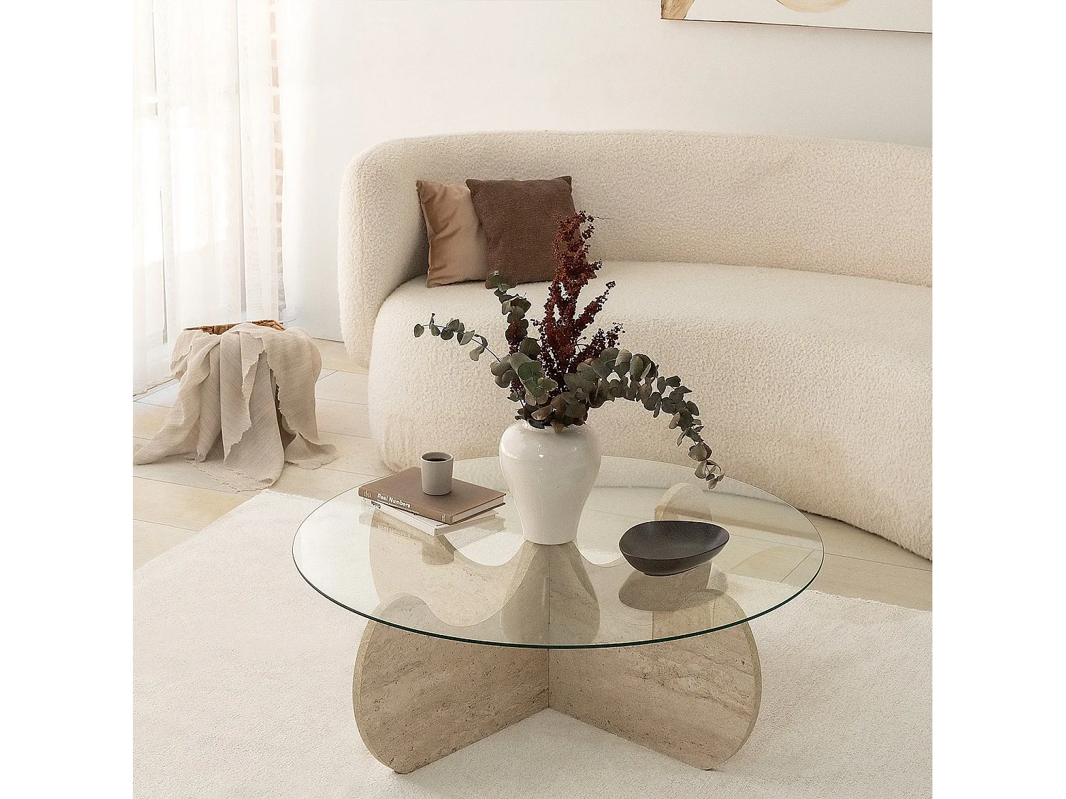 Table basse ronde design Vogue D90cm Verre Transparent et Effet travertin Beige