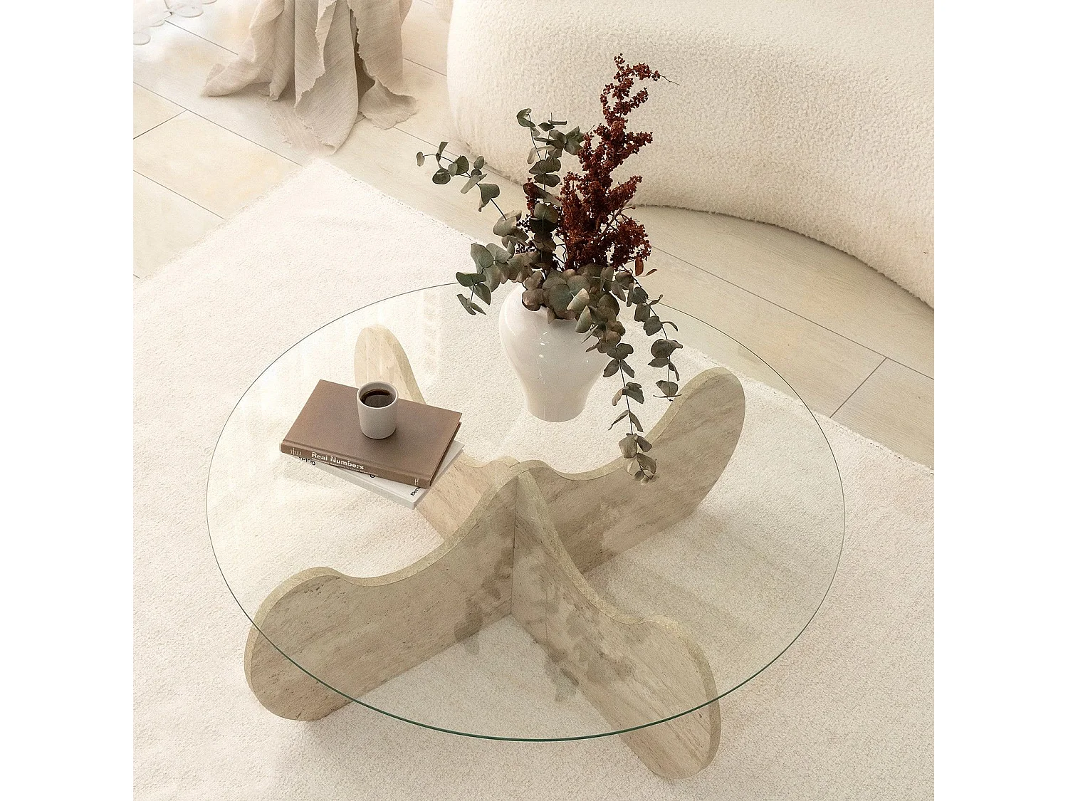 Table basse ronde design Vogue D90cm Verre Transparent et Effet travertin Beige