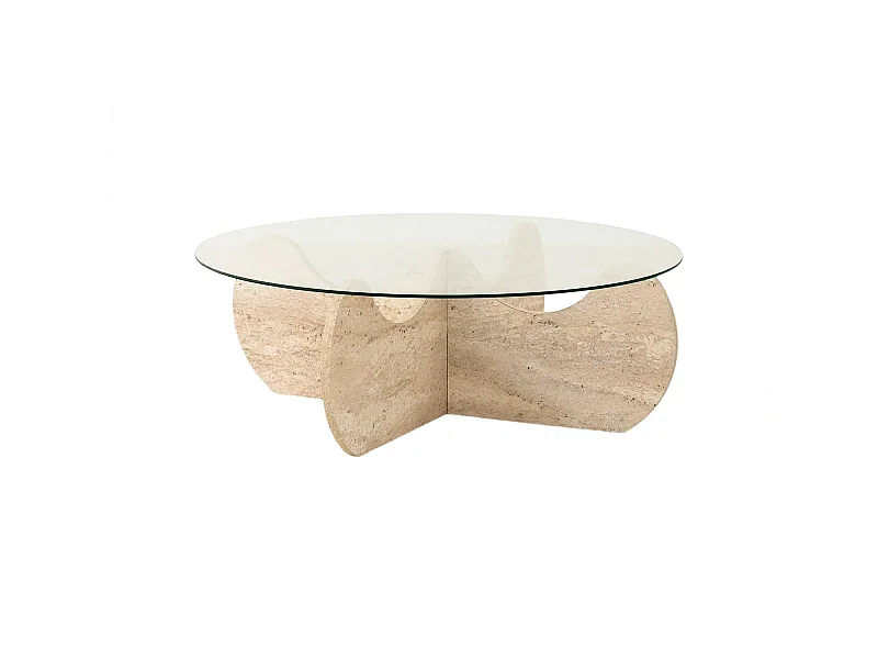 Table basse ronde design Vogue D90cm Verre Transparent et Effet travertin Beige