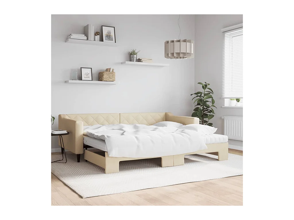 Slaapbank met onderschuifbed en matrassen 90x200 cm stof crème