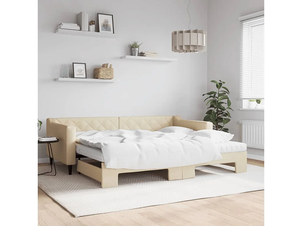 Lit de jour avec gigogne et matelas crème 90x200 cm tissu