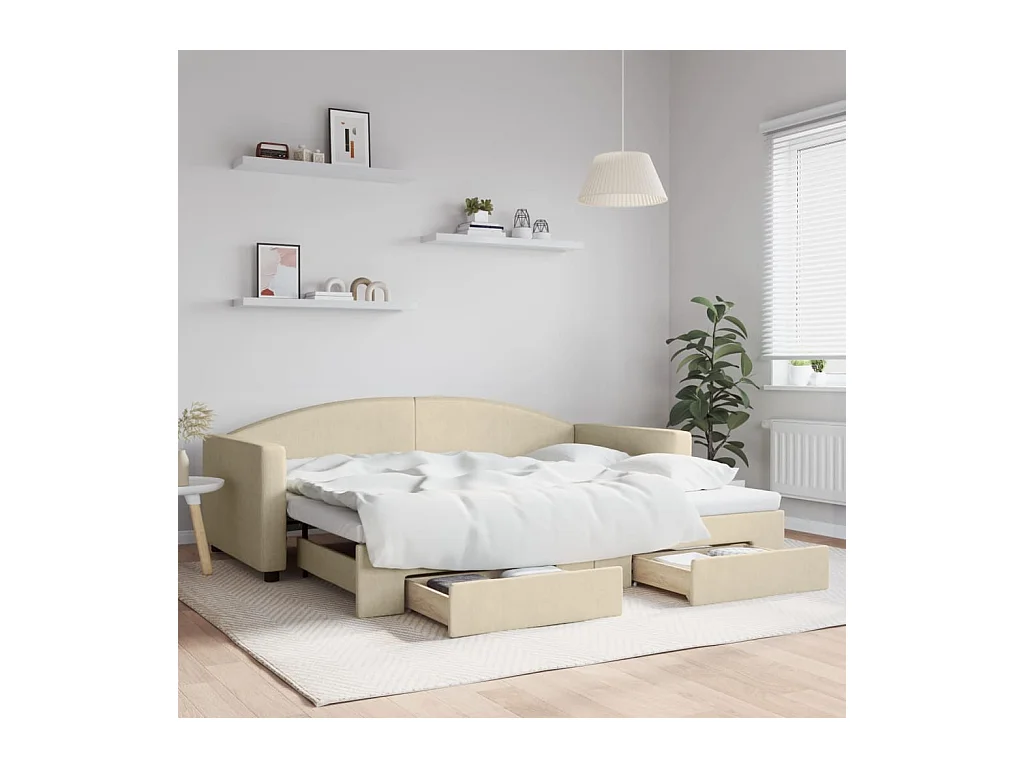 Divano Letto Estraibile con Cassetti Crema 90x200 cm in Tessuto