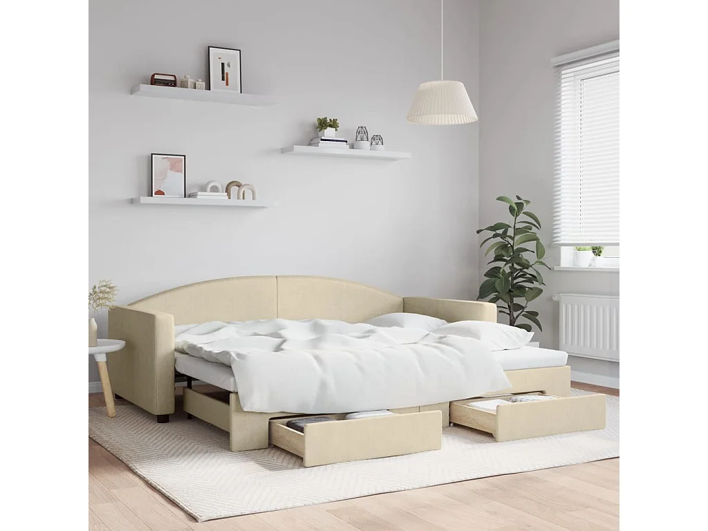 Lit de jour avec gigogne et tiroirs sans matelas crème 90x200cm