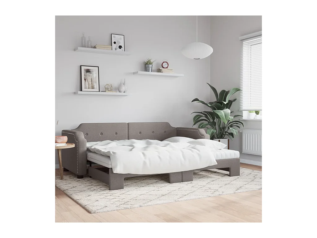 Lit de jour avec gigogne et matelas taupe 80x200 cm tissu