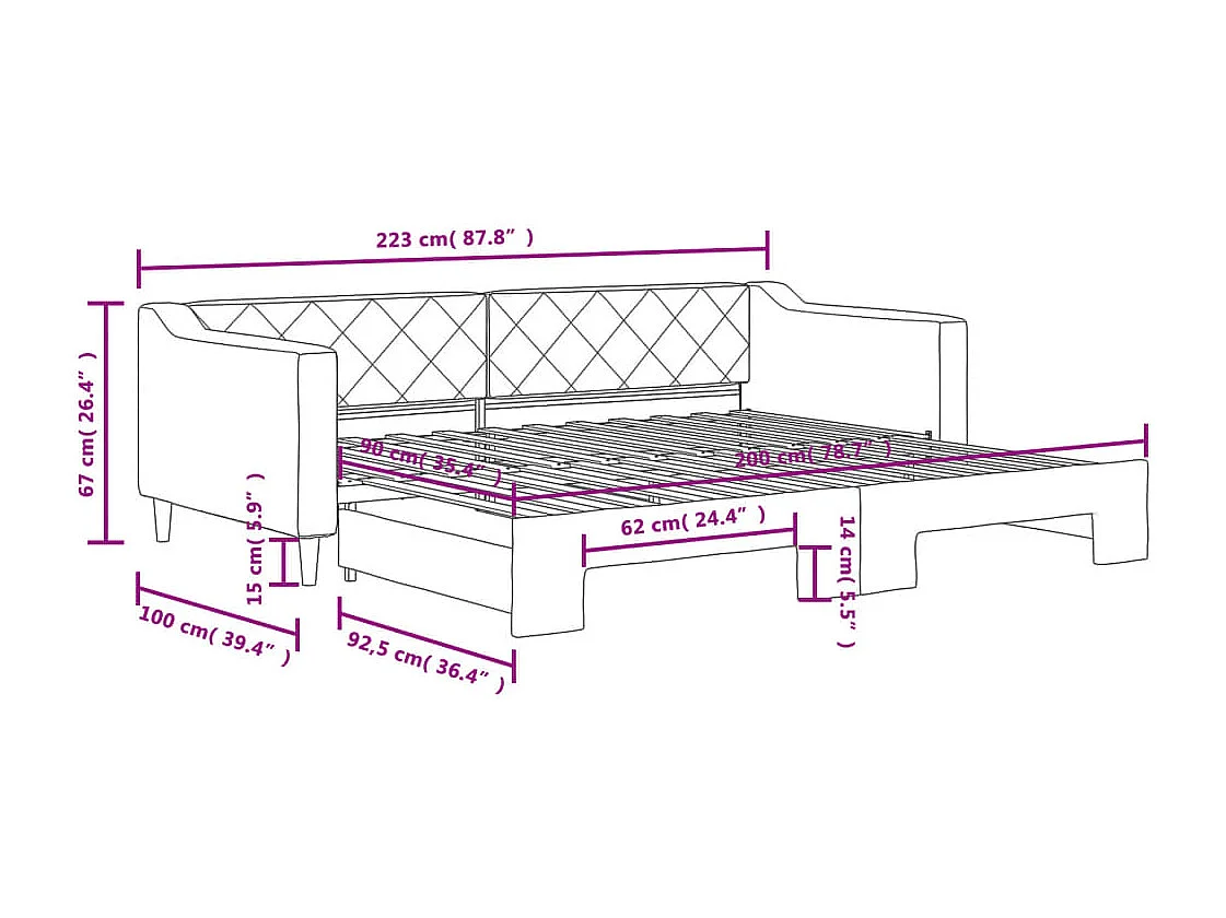 Lit de jour avec gigogne sans matelas crème 90x200 cm
