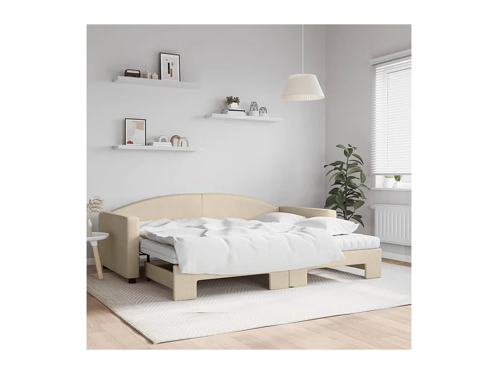 Slaapbank met onderschuifbed en matrassen 90x200 cm stof crème