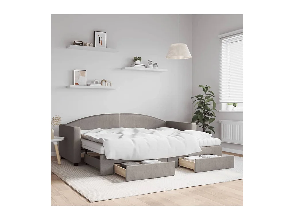 Lit de jour avec gigogne et tiroirs taupe 80x200 cm tissu