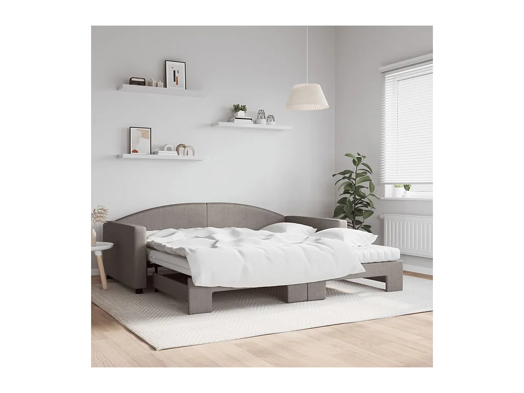 Lit de jour avec gigogne et matelas taupe 100x200 cm tissu