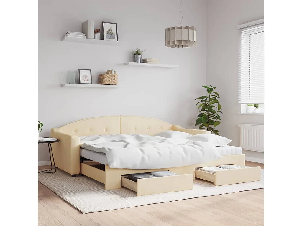 Tagesbett Ausziehbar mit Schubladen Creme 90x200 cm Stoff
