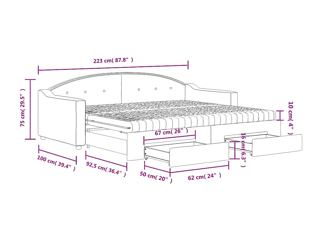 Tagesbett Ausziehbar mit Schubladen Creme 90x200 cm Stoff