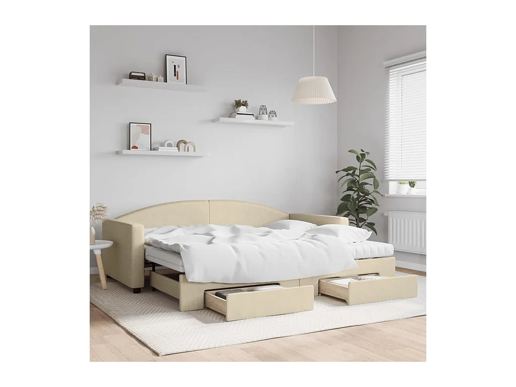Slaapbank met onderschuifbed en lades 90x200 cm stof crèmekleur