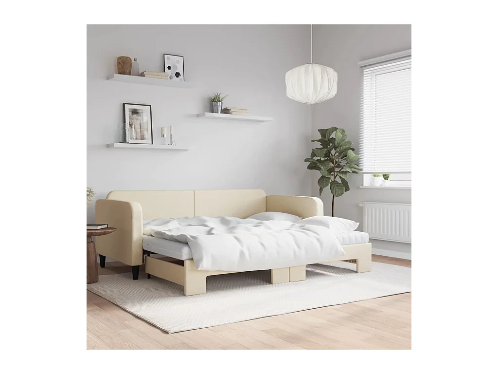 Lit de jour avec gigogne et matelas crème 90x200 cm tissu