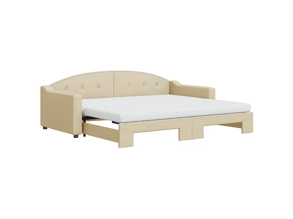Slaapbank met onderschuifbed en matrassen 90x200 cm stof crème