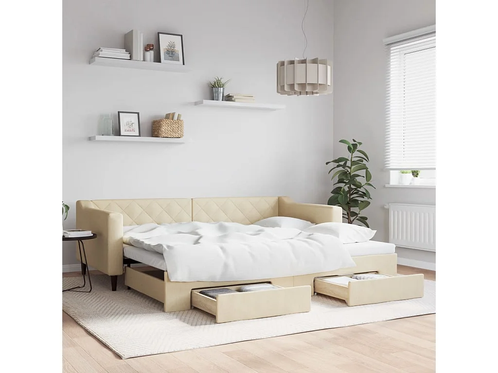 Lit de jour avec gigogne et tiroirs sans matelas crème 90x200cm