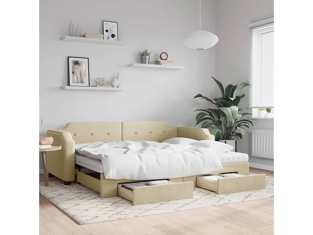 Tagesbett Ausziehbar mit Schubladen Creme 90x200 cm Stoff
