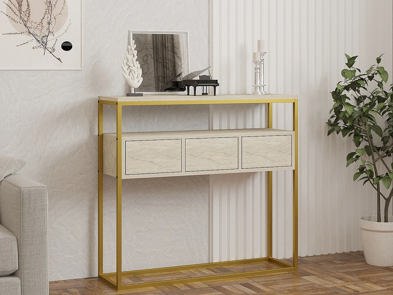 Sideboard – 90 x 70 x 34 cm – Travertinfarbe – Melaminbeschichtete Spanplatte