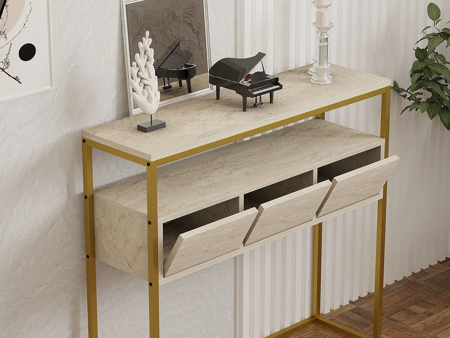 Sideboard – 90 x 70 x 34 cm – Travertinfarbe – Melaminbeschichtete Spanplatte