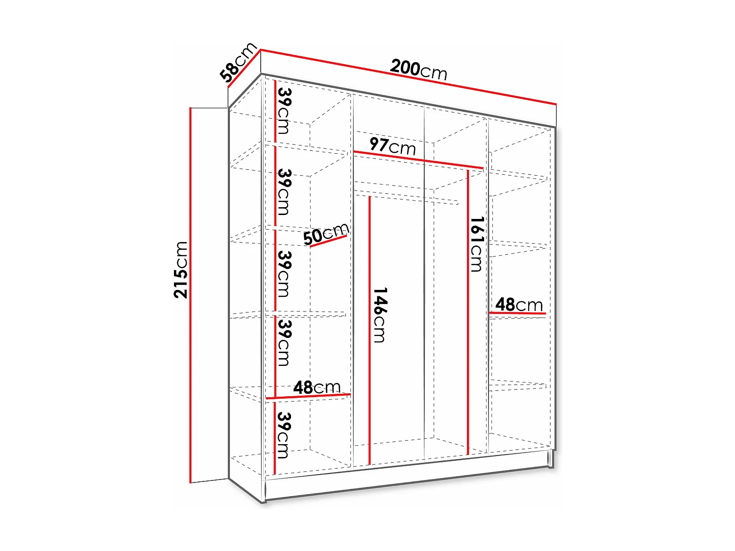 Armoire Closico 192, Blanc|Noir, 215x200x58cm, Portes d'armoire: Avec des charnières