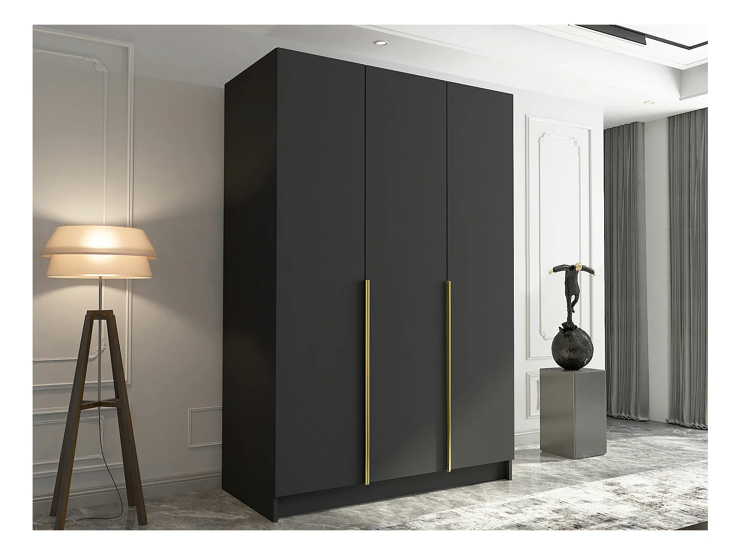 Armoire Closico 198, Noir|Doré, 215x150x58cm, Portes d'armoire: Avec des charnières