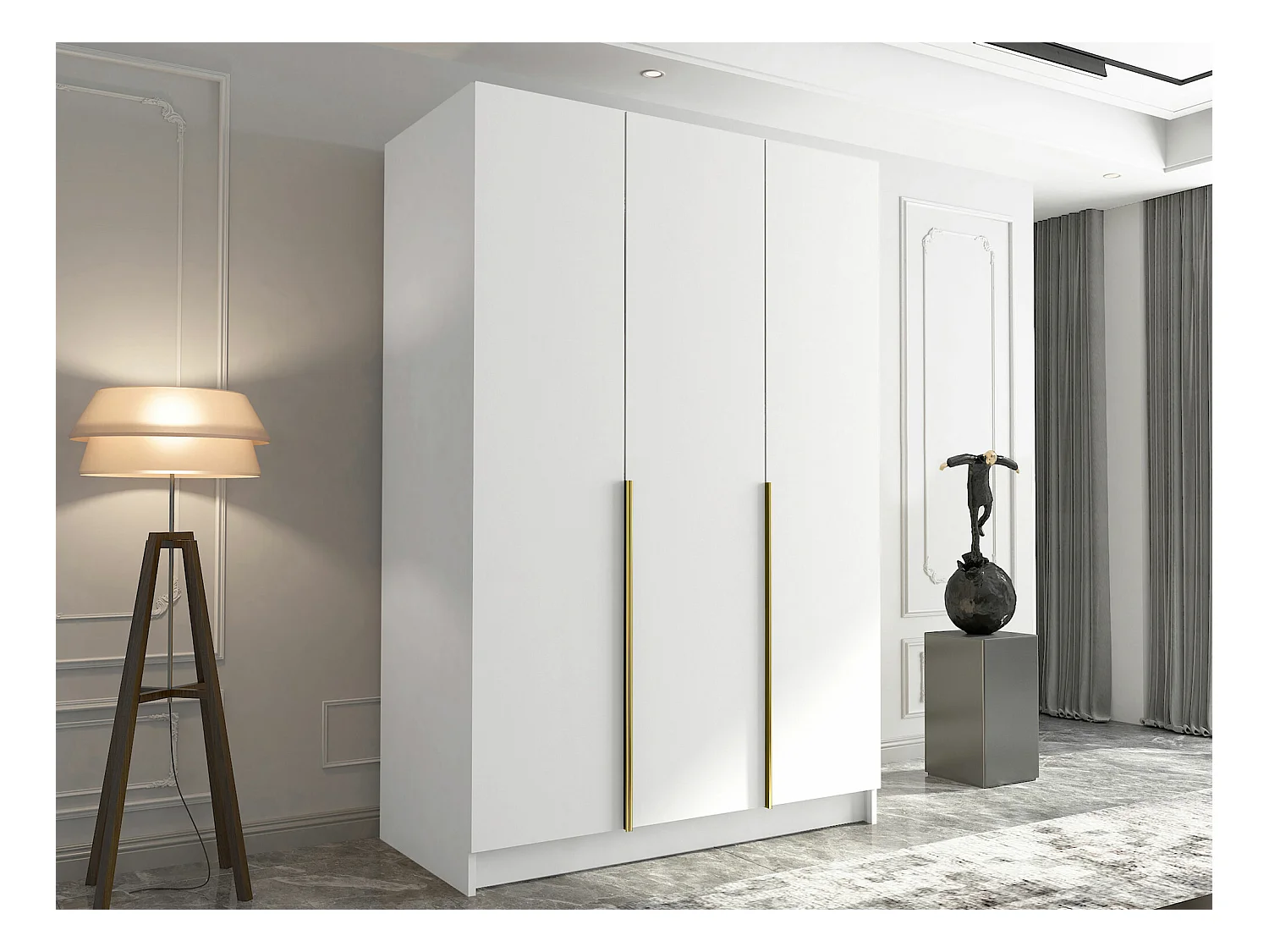 Armoire Closico 198, Doré|Blanc, 215x150x58cm, Portes d'armoire: Avec des charnières