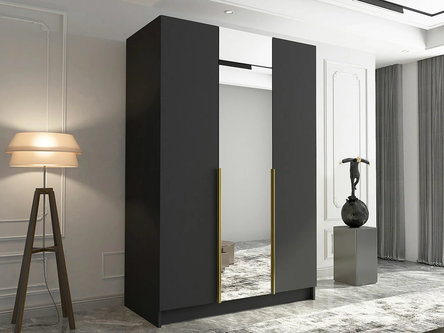 Armoire Closico 197, Doré|Noir, 215x150x58cm, Portes d'armoire: Avec des charnières
