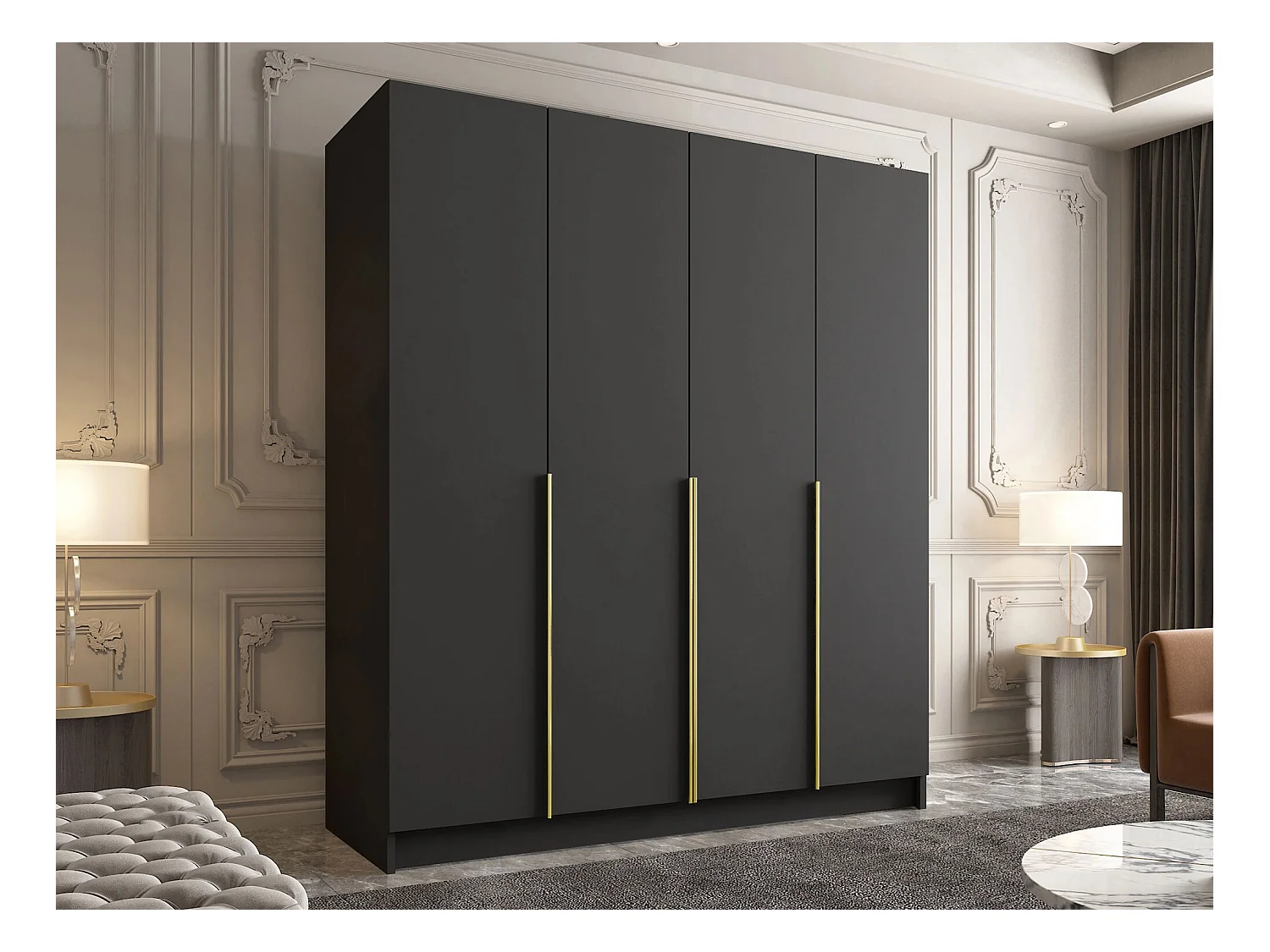Armoire Closico 192, Noir|Doré, 215x200x58cm, Portes d'armoire: Avec des charnières
