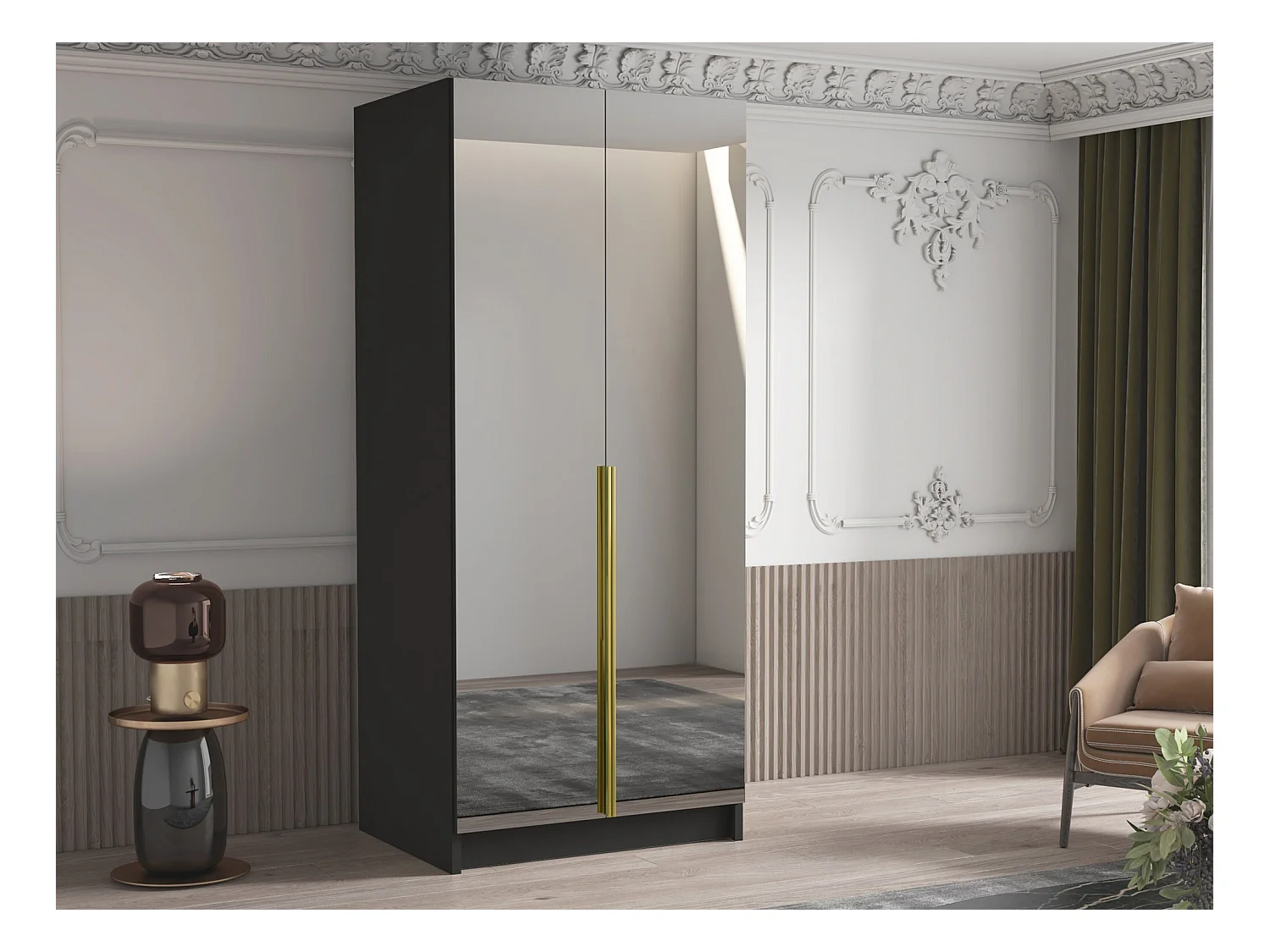 Armoire Closico 193, Doré|Noir, 215x100x58cm, Portes d'armoire: Avec des charnières