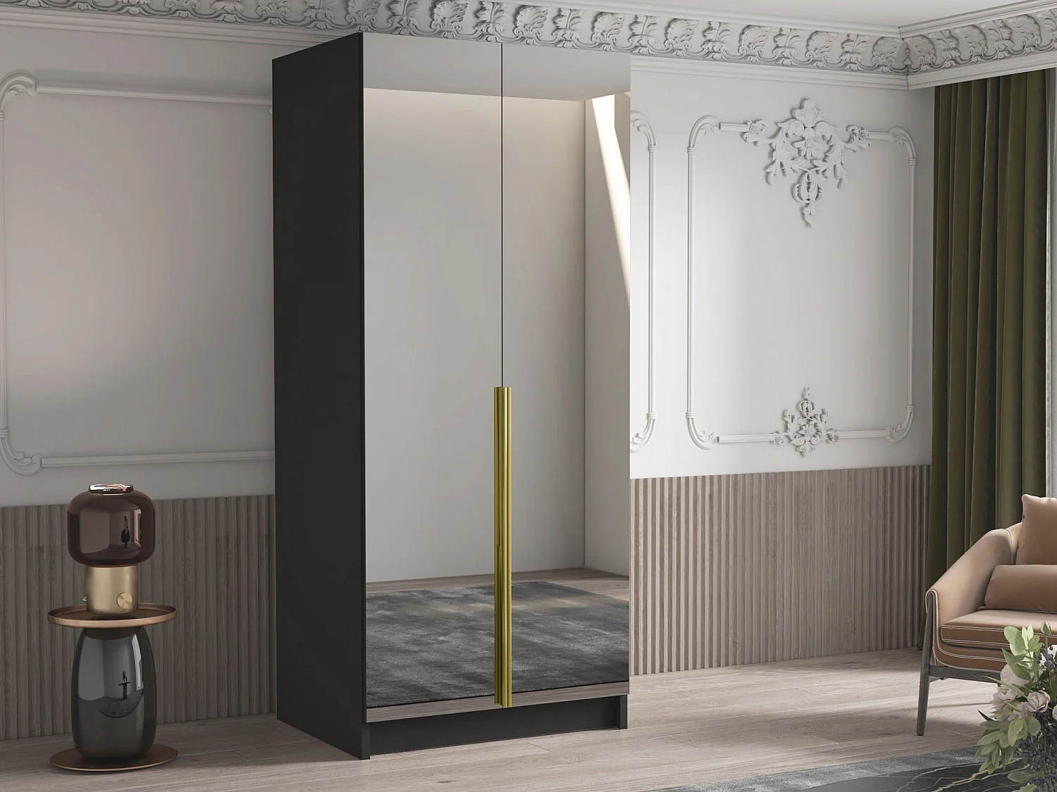 Armario Closico 193, Dorado|Negro, 215x100x58cm, Puertas de armario: Con bisagras