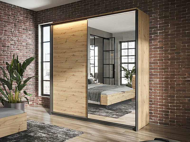 Armoire Luliru 111, Noir|Chêne Artisan, 221x220x68cm, Portes d'armoire: Coulissantes