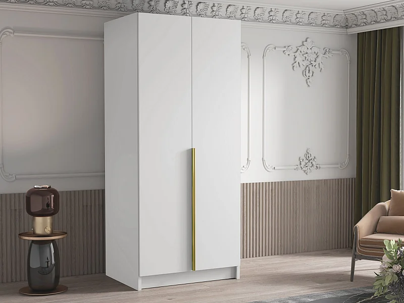 Armoire Closico 195, Blanc|Doré, 215x100x58cm, Portes d'armoire: Avec des charnières