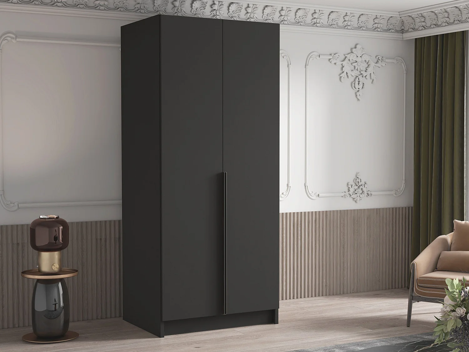 Armoire Closico 195, Noir, 215x100x58cm, Portes d'armoire: Avec des charnières